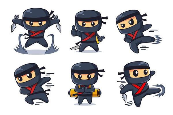 Desenho animado ninja posando e segurando uma espada