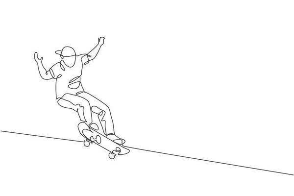 única mulher de skatista de desenho de linha andando de skate e fazendo  truque de salto