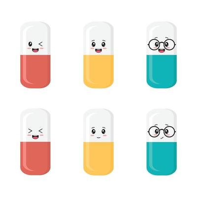 Medicamentos engraçados. emoticons de medicina em branco, pílulas