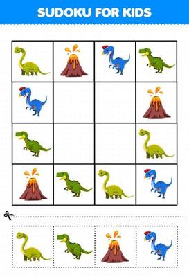 Jogo de educação para crianças sudoku fácil para crianças com dinossauro  azul bonito dos desenhos animados, planilha de dinossauro pré-histórico  imprimível