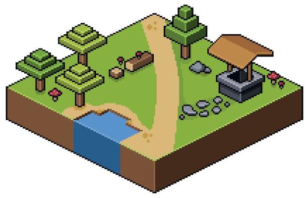 Pixel art paisagem isométrica, com ponte, árvores, grama, rio