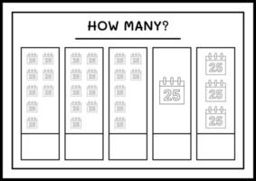 quantos calendário de natal, jogo para crianças. ilustração vetorial, planilha para impressão vetor