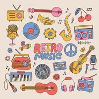 conjunto de tocadores de música retrô, gravador de cassetes, fones de ouvido, toca-discos vintage, cassete, instrumentos musicais e placa de vinil. ilustração vetorial desenhada à mão isolada em estilo vintage moderno dos anos 70. vetor