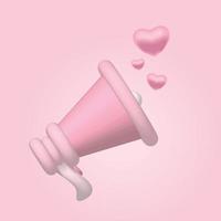 megafone rosa 3D com ícones de coração voador isolados em fundo rosa claro. design de conceito para banner promocional. ilustração vetorial de renderização vetor