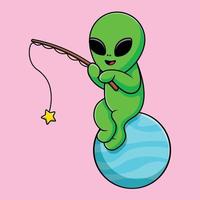 estrela de pesca alienígena bonitinha na ilustração de ícone de vetor dos desenhos animados do planeta. conceito de desenho animado plano de esporte científico