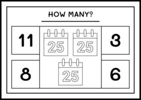 quantos calendário de natal, jogo para crianças. ilustração vetorial, planilha para impressão vetor