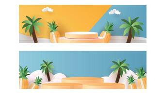 3d maquete de pódio geométrico folha tropical conceito netural para vitrine fundo amarelo abstrato cena mínima apresentação do produto temporada de verão arte em papel vetor