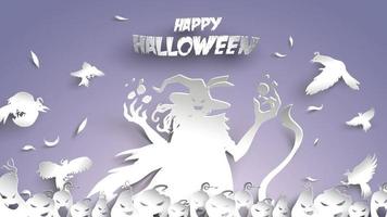 fundo de halloween com bruxa, abóbora e corvo em estilo de escultura de arte de papel. festa de modelo de banner, pôster, panfleto ou convite. ilustração vetorial. vetor