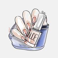 mão feminina com unhas compridas segura esmalte, design de unhas moderno vetor