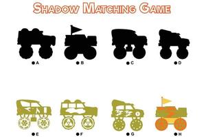encontre a sombra de monster trucks, jogo infantil. vetor