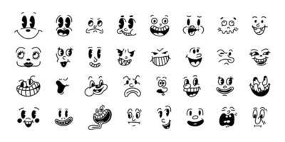 sorriso retrô emoji. rostos de personagens de desenhos animados dos anos 30. ilustração vetorial de sorriso em quadrinhos vintage vetor