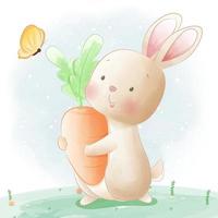coelho feliz abraçando uma cenoura vetor