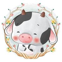 chá de bebê de vaca fofa com ilustração em aquarela vetor