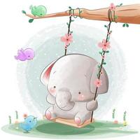 elefante bebê fofo brincando na ilustração em aquarela de balanço vetor