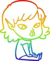 linha de gradiente de arco-íris desenhando linda garota elfa de desenho animado vetor