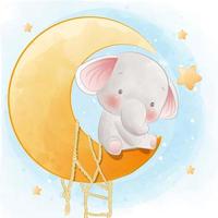 elefante fofo sentado na lua e ilustração de desenhos animados em aquarela estrela vetor