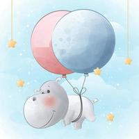 hipopótamo fofo voando com balões vetor