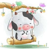 vaca fofa feliz na ilustração de chá de bebê de balanço vetor