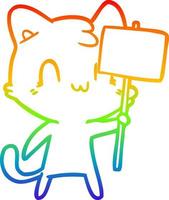 desenho de linha de gradiente de arco-íris desenho animado gato feliz com sinal em branco vetor