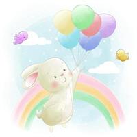 coelhinha voando em balões coloridos com arco-íris no céu vetor