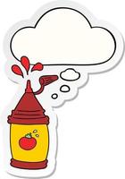 garrafa de ketchup de desenho animado e balão de pensamento como um adesivo impresso vetor