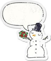 boneco de neve de desenho animado e adesivo angustiado de bolha de fala vetor