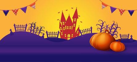 feliz festa de halloween castelo assombrado abóboras cabeça tema de fundo roxo e laranja vetor