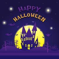 feliz festa de halloween castelo assombrado abóboras cabeça roxa e tema de fundo da escuridão vetor