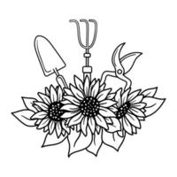 vetor contorno preto e branco ferramenta de jardinagem e girassóis isolados no fundo branco. logotipo de vetor de linha para agricultor ou jardineiro.