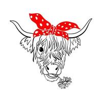 retrato de vaca com flor. mão desenhada ilustração vetorial. animal de moda para seu projeto. a cabeça de uma vaca americana em um lenço vermelho. vetor