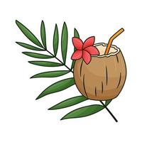 coquetel de coco com palha, flor e folha de palmeira isoladas em branco. bebida tropical na metade da ilustração do projeto dos desenhos animados de vetor de coco.