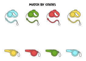 jogo de correspondência de cores para crianças pré-escolares. combinar trela e apito por cores. vetor