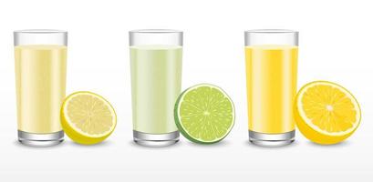 três copos de suco de diferentes tipos de frutas cítricas vetor
