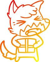 linha de gradiente quente desenhando raposa de desenho animado com presente de natal vetor