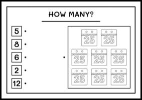 quantos calendário de natal, jogo para crianças. ilustração vetorial, planilha para impressão vetor