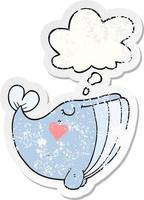 baleia de desenho animado com coração de amor e balão de pensamento como um adesivo desgastado vetor