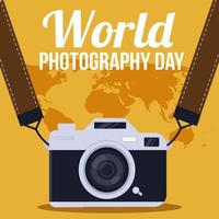 dia mundial da fotografia com mapa-múndi e ilustração de câmera vintage vetor