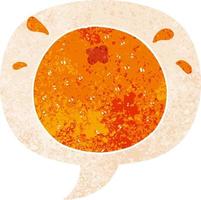 laranja de desenho animado e bolha de fala em estilo retrô texturizado vetor