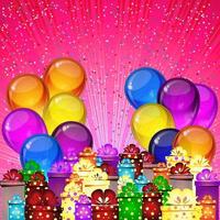 fundo de vetor de festa de aniversário - balões festivos coloridos, confetes, fitas voando para cartão de celebrações em fundo rosa com espaço para você texto.