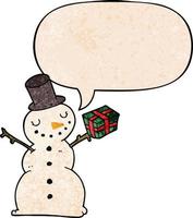 boneco de neve dos desenhos animados e bolha de fala no estilo de textura retrô vetor