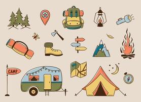 acampamento e caminhadas conjunto de elementos coloridos, emblemas de aventura ao ar livre. vetor