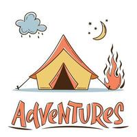 conceito de aventuras com barraca de acampamento e fogueira e sinal de letras à mão vetor