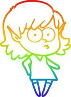 desenho de linha de gradiente de arco-íris desenho animado menina elfa olhando vetor