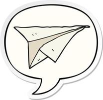 avião de papel dos desenhos animados e adesivo de bolha de fala vetor