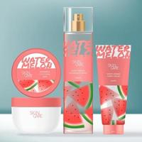 pacote de embalagens de beleza vetorial com tubo cosmético, spray de fragrância e frasco. tema de beleza de melancia. vetor
