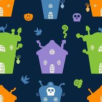 padrão sem emenda de halloween com casas, abóboras, fantasmas e esqueletos. vetor