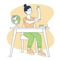 garota levantando a mão em uma mesa. menina sorridente estuda na escola. arte de linha. ilustração vetorial. vetor