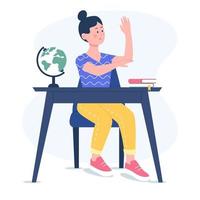 garota levantando a mão em uma mesa. menina sorridente estuda na escola. ilustração vetorial plana. vetor