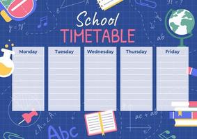 horário escolar, horário de aulas semanais no fundo azul do quadro-negro. calendário escolar vetorial com notas de giz no quadro, material educacional colorido. vetor