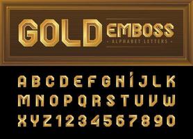 letras e números do alfabeto de ouro, letras do alfabeto de fonte em relevo moderna. vetor